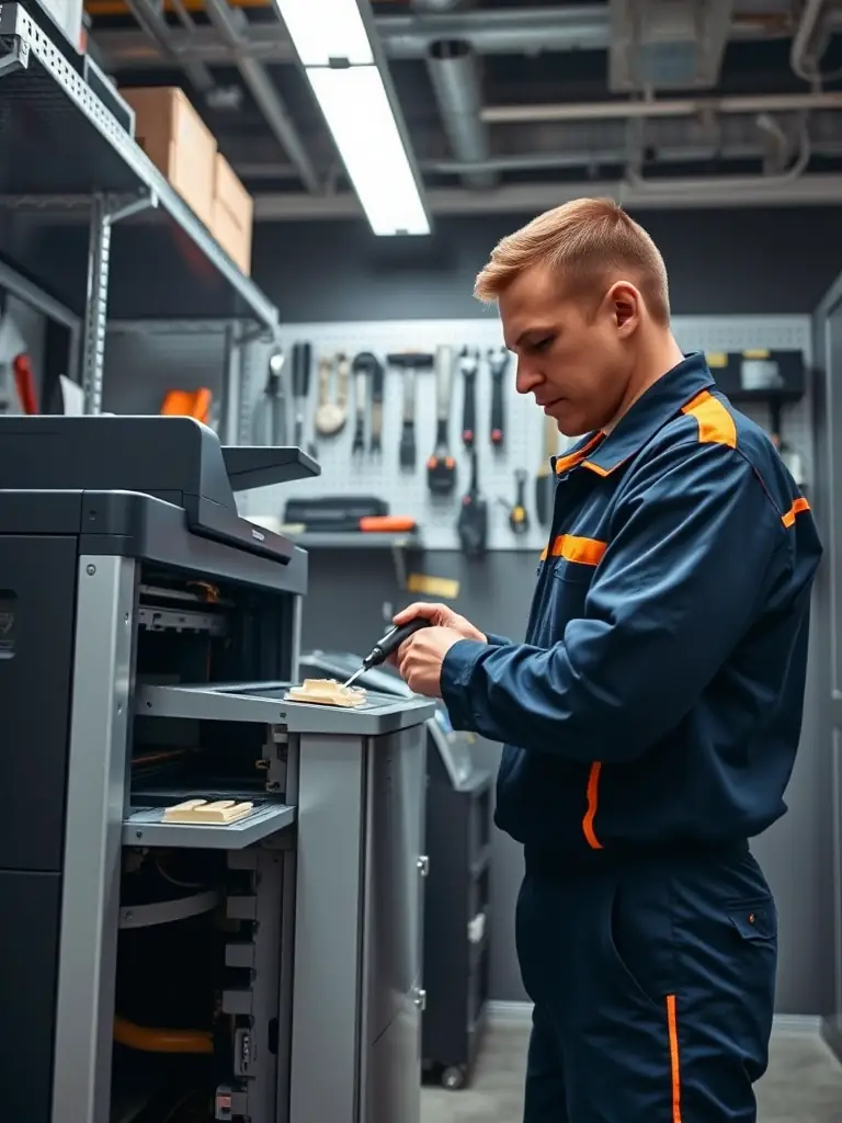 Technician repairing a printer in a professional service environment, showcasing the expertise and reliability of Amber Modern Prints' service team.