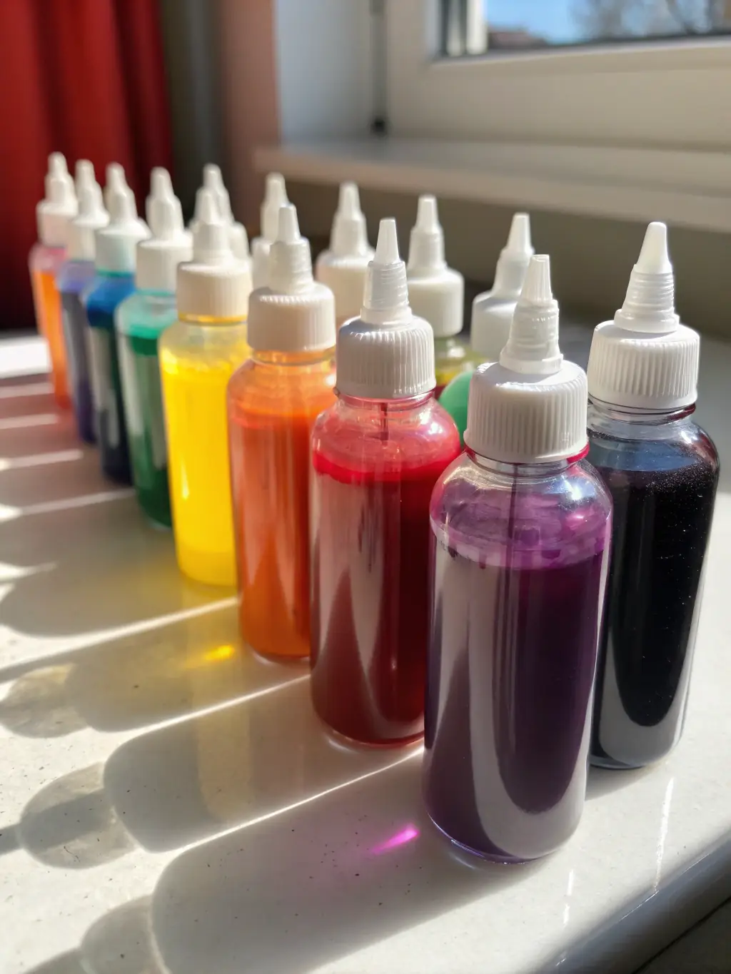 Close-up of ink cartridges and toner bottles with vibrant color displays, emphasizing the rich and long-lasting colors they produce for professional-quality prints.