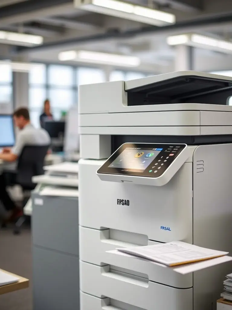 An image showcasing a modern office printer with sleek design and user-friendly interface, highlighting its efficiency and ease of use in a professional setting.